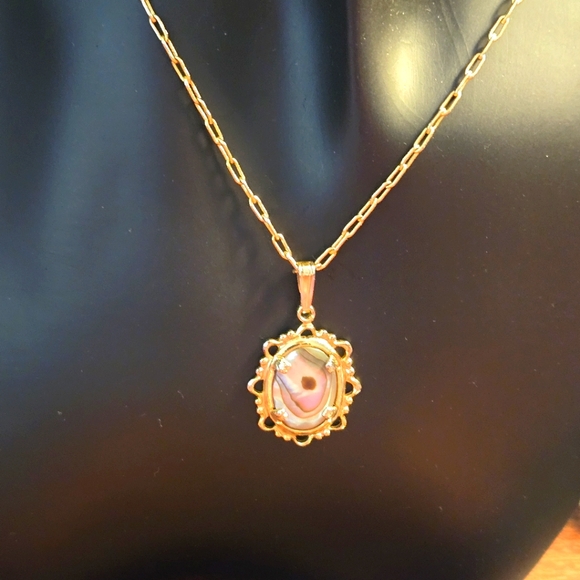 Vintage Abalone 14k Gold Necklace & Pierced Earrings - Picture 10 of 16